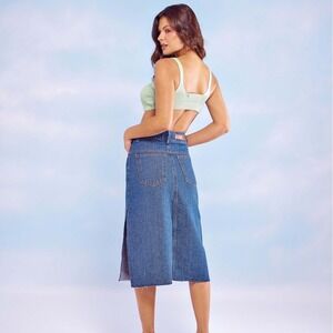 Desire Delilah Denim Midi Skirt Distressed Hem High Waist Slit Dark Blue Womens